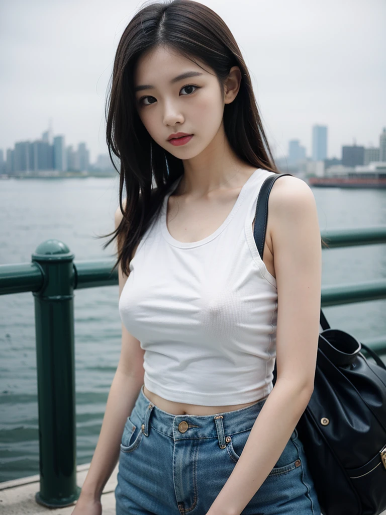 close-up of beautiful korean female, 34 inch breasts size, wearing tank top, carry mini bag, at ferry pier, foggy atmosphere, bokeh background,  Polaroid photo, UHD 