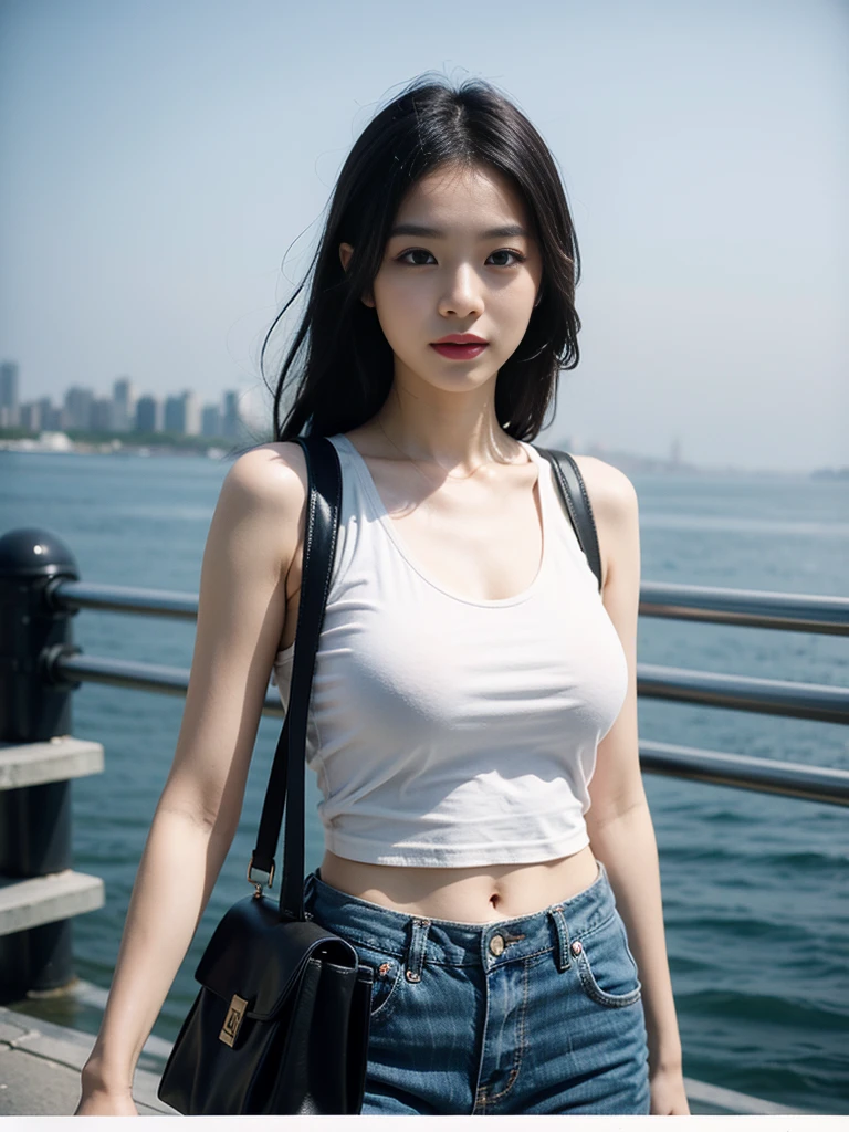 close-up of beautiful korean female, 34 inch breasts size, wearing tank top, carry mini bag, at ferry pier, foggy atmosphere, bokeh background,  Polaroid photo, UHD 