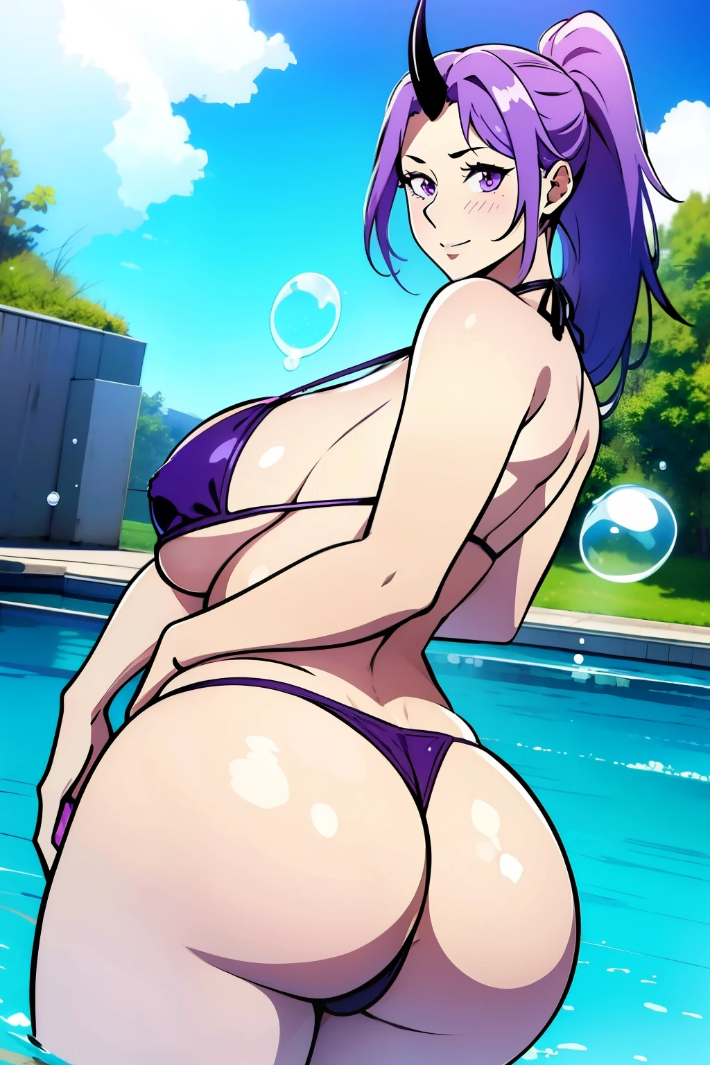 An anime-style artwork depicting shion from the anime tensei shittara slime datta.

Tags: shion, anime, detailed eyes, detailed lips, (micro bikini:1.4), smiling expression, intense gaze, dynamic pose, outdoor, pool, vibrant colors, digital art, high-resolution, professional quality, gigantic breasts, (underboob : 1.4), curvy, cowboy shot, (gigantic breasts: 1.4), shion, black horns, hair intakes, horns, long hair, oni, oni girl, oni horn, oni horns, ponytail, (purple eyes:1.1), purple hair, single horn, black horns, hair intakes, horns, long hair, oni, oni girl, oni horn, oni horns, ponytail, (purple eyes:1.1), purple hair, single horn, curvy ass, (big butt : 1.4), (bubble butt : 1.4), from behind, back view, 