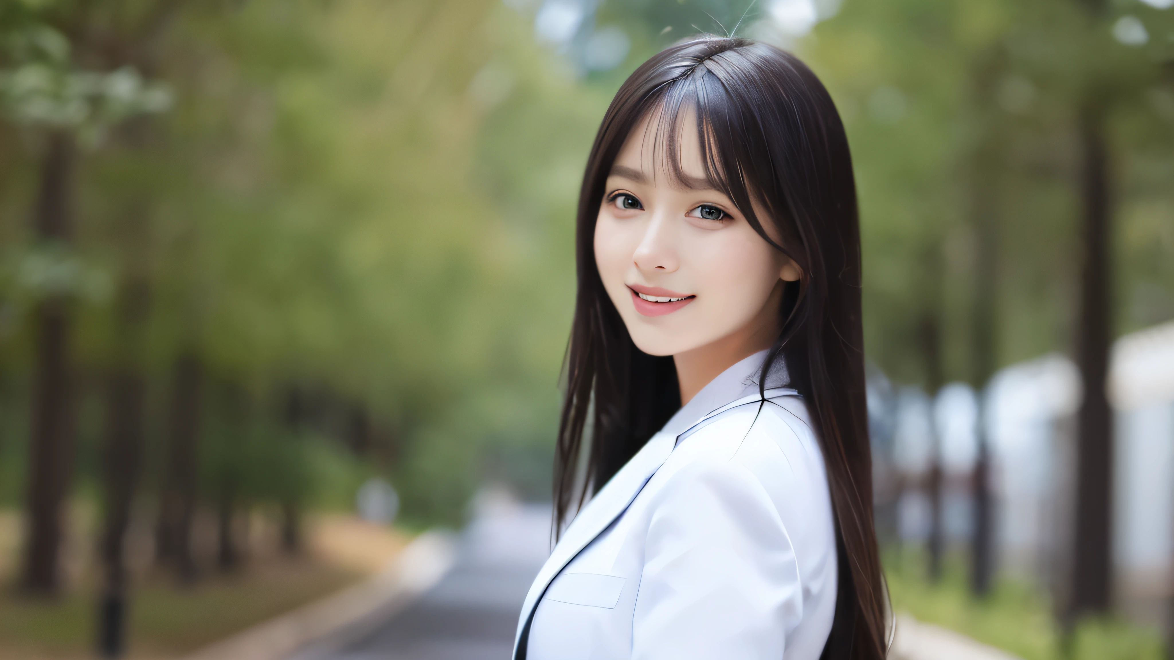 (Realistic: 1.4), (highest quality: 1.4), Ultra-high resolution, (Fine grain),Full body shot,Blur the background,Looking to the side,1 High school girl,(Full breasts),Black Hair,((Recruitment suits)),Wide eyes,Blushed face,smile,Highly detailed face and skin texture, Healthy Skin,(Outdoor),8k resolution