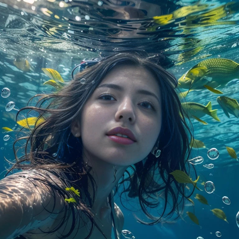(best quality,4k,8k,highres,masterpiece:1.2),ultra-detailed,(realistic,photorealistic,photo-realistic:1.37),beautiful detailed eyes,beautiful detailed lips,extremely detailed eyes and face,complete underwater scene,picture of a beautiful Japanese woman,perfect body of a woman,scuba diving in the water,refraction of light in water,bikini,wet hair,sparkling water,underwater flora and fauna,serene expression,ray of sunlight piercing through the water,rippling water surface,splashes of water,deep blue color palette,subtle water ripples on skin,submerged rocks,floating air bubbles,ethereal and dreamy atmosphere,meticulous attention to details,graceful underwater movements,dynamic composition,soft underwater glow,tranquil and peaceful ambiance,harmonious blend of colors,contrast between the vibrant bikini and the serene underwater surroundings,dazzling visual impact,professional photography lighting techniques,clear visibility underwater,sunlit seabed in the distance