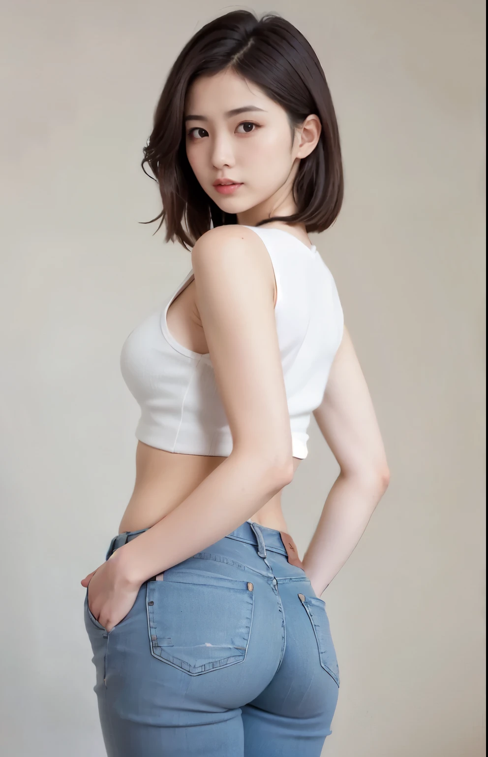 ((((highest quality, High resolution)))), High quality 8k, Beautiful girl with plump body, (Ultra HD, Very detailed, Very detailed, Very realistic, Surreal, Realistic photos), (1 girl:1.5), (Realistic white hair), Wavy short hair, Bobcut, (strike a dynamic pose for the camera, A light smile, Purple eyes, Detailed face, Beautiful and detailed), (White tank top, Thin material), belly button、 Tight blue jeans,, (Bright white light illumination)、Abdominal muscles、Plump Ass、Butt Emphasis、((Rear view))、Turning face,Big Breasts:1.5、Gray background