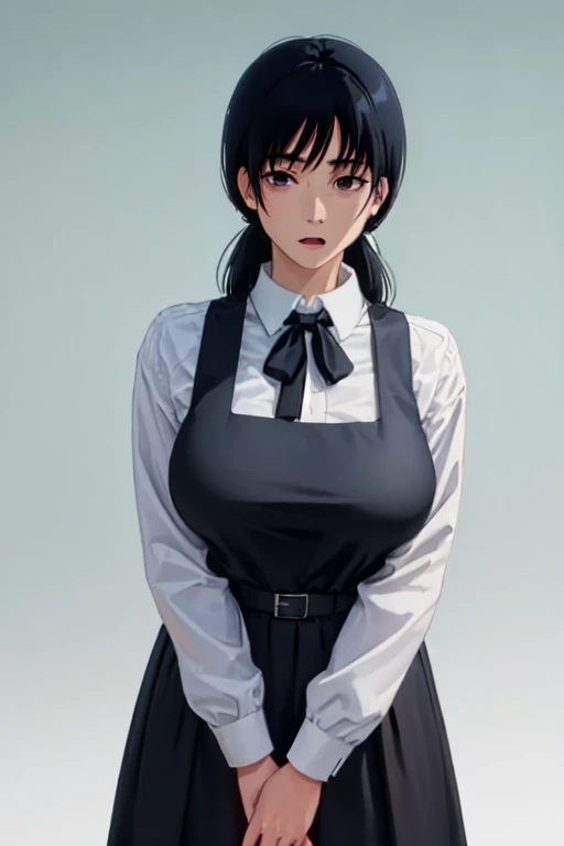 ((masterpiece, highest quality, Very detailed)), One girl, old age_superior, alone, View your viewers, Hayao Miyazaki style, Put your arms behind your back, White Background, work_Flowers, Black Hair, Black Ribbon, Apron dress, manga, anime, black Apron dress, Brown eyes, big breasts