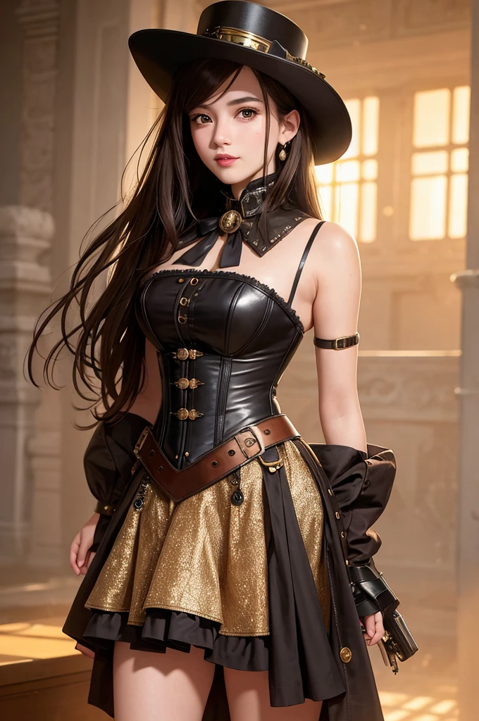 (masterpiece, best quality:1.1),
(8k, best quality, masterpiece, ultra highres, ultra-detailed:1.2),a girl,cute,yo,steampunk fashion,gothic Steampunk hat,goggle,corset jumper skirt(brown),bare shoulder,platform cowboy boots,black hair, eyes with large brown irises,small mouth, smile,very happy, she points Steampunk pistol at viewer,combine Western elements with advanced technology,steam technology, (steampunk),Late 19th century American West,beautiful lighting, volumetric lighting, dynamic angle, looking at viewer, (photographic portrait), sharp,