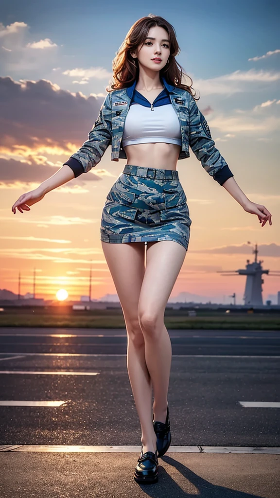 (highest quality, 8k, 32k, masterpiece, 超High resolution:1.2), (Realistic:1.5), (masterpiece, Highly detailed CG Unity 8k wallpaper, highest quality, High resolution:1.2), (Very detailed, 超High resolution:1.2), Photo of extremely cute and beautiful Japanese woman, (Long wavy chestnut hair:1.2), Adult, (Detailed beautiful girl:1.4), highest quality, woman, Adult, (Detailed US Air Force pilot blue camouflage uniform:1.5), (pilot captain jacket:1.3), (High waist pencil blue camouflage mini skirt:1.3), (Beautiful sunset、US Air Force Base runway scenery background:1.2), Black Bird、F-18、Laugh shyly:1, Looking at the audience, To the audience, ((完璧なwomanの身体)), (Tight waist:1.2), (Full body image from the knee up:1.3), thin, Abdominal muscles, (Beautiful breasts:1.25), Assembling the Head, Wind, Dynamic pose, Cinematic Light, Backlight, Quality clothing, Perfect Anatomy, perfect ratio, detailed human body, Stylish model in a sexy pose,Soft look、smile、Sexy slit thighs and beautiful legs、チラ見せAbdominal muscles、A glimpse of her without her underwear