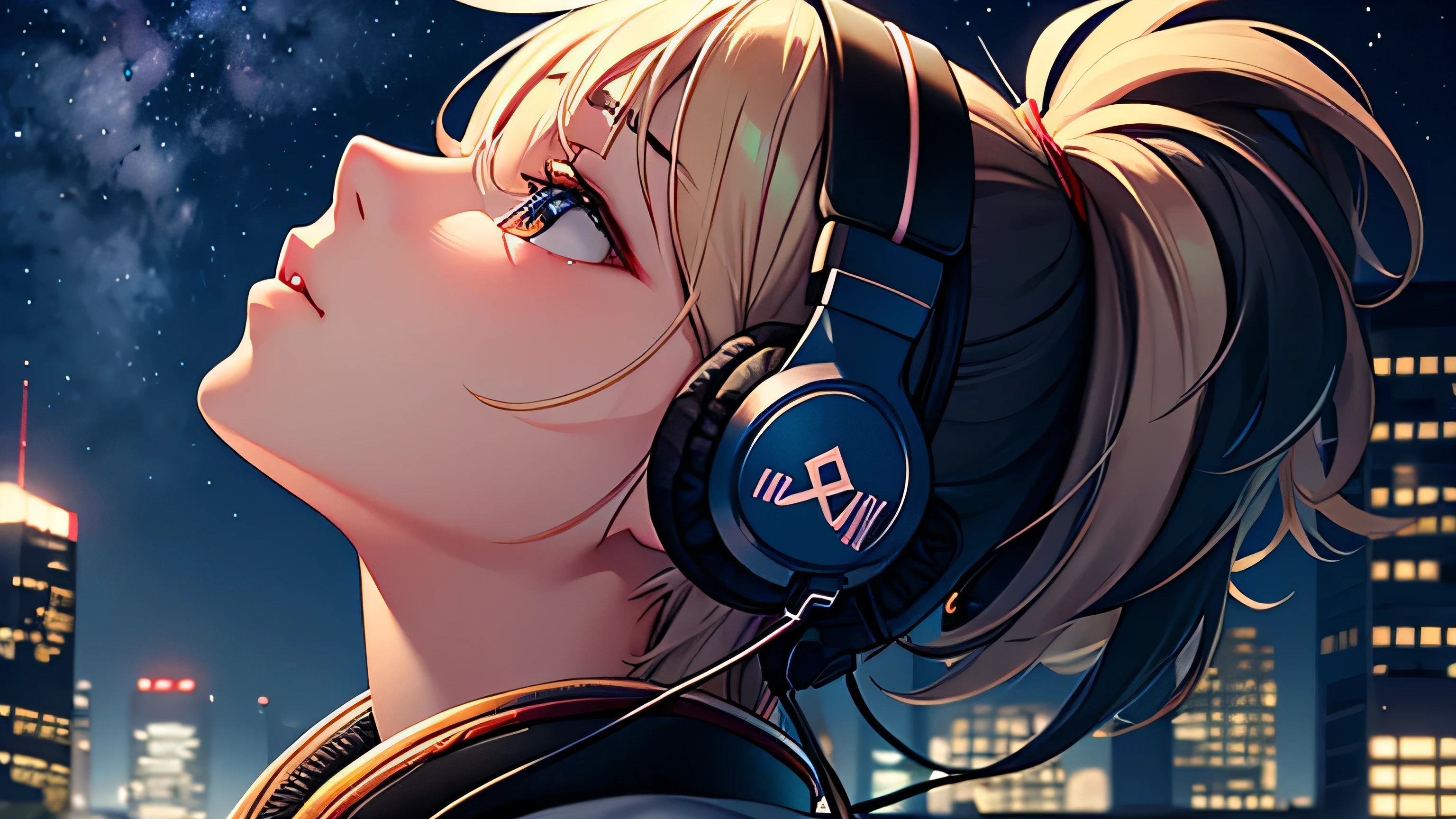 Beautiful girl with headphones looking up at the night sky night view building profile