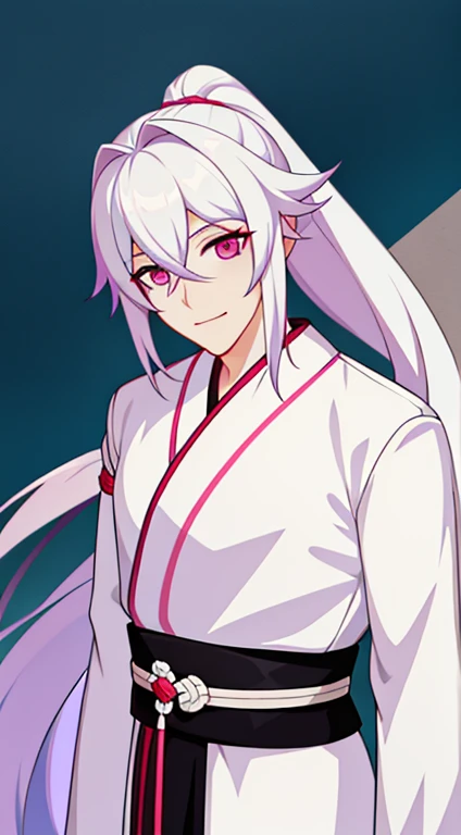 adult man, Long white hair, high ponytail, pink eye color, Hanfu, копьë, ssmile, lake, Masterpiece, hiquality