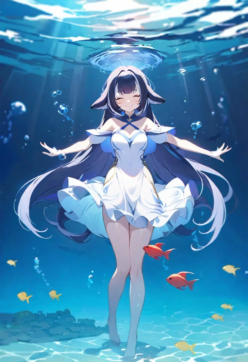 ((shylily/(Twich/))),(masterpiece:1.2),(best quality:1.2),, (1girl:1.3),(muste piece), (best quality), very detailed, 1 girl, perfect face, (solo full body shot:1.3), very detailed顔，(in water:1.4)，(white dress:1.5)，Ocean，School of small fish，Light，bubble，jellyfish，Ocean algae，Deep Ocean，fantasy，Ocean Bottom，float，(red small fish，yellow small fish:1.4)，(smile:1.3)