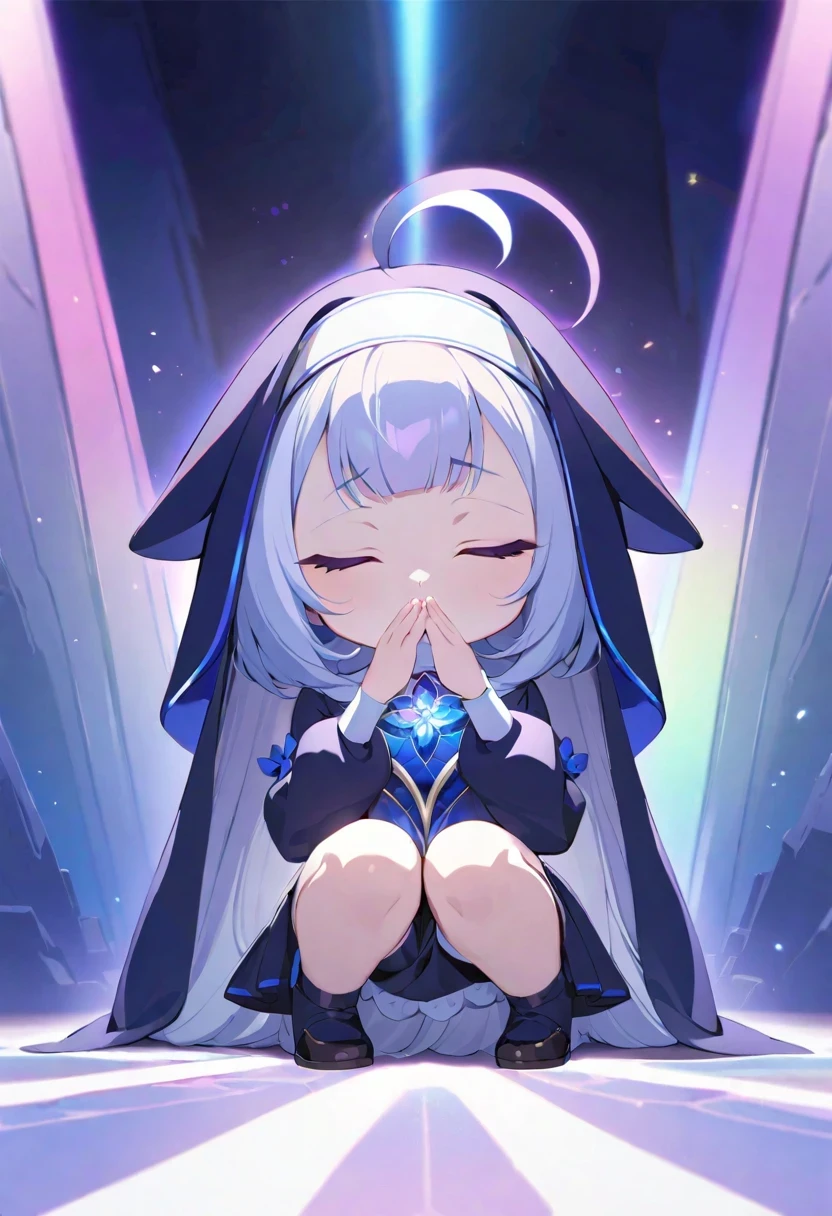 ((shylily/(Twich/))),(masterpiece:1.2),(best quality:1.2),, (1girl:1.3),masutepiece, Best Quality, Extremely detailed, Anime, (one knee:1.5), girl with, Solo, Full body, own hands together, Ahoge, Closed eyes, (Nun costume), (nun veil), (Chibi Character), (Deformed), (Crepuscular rays:1.2), (brilliance:1.2), (iridescent:1.2), (stain glass:1.5)