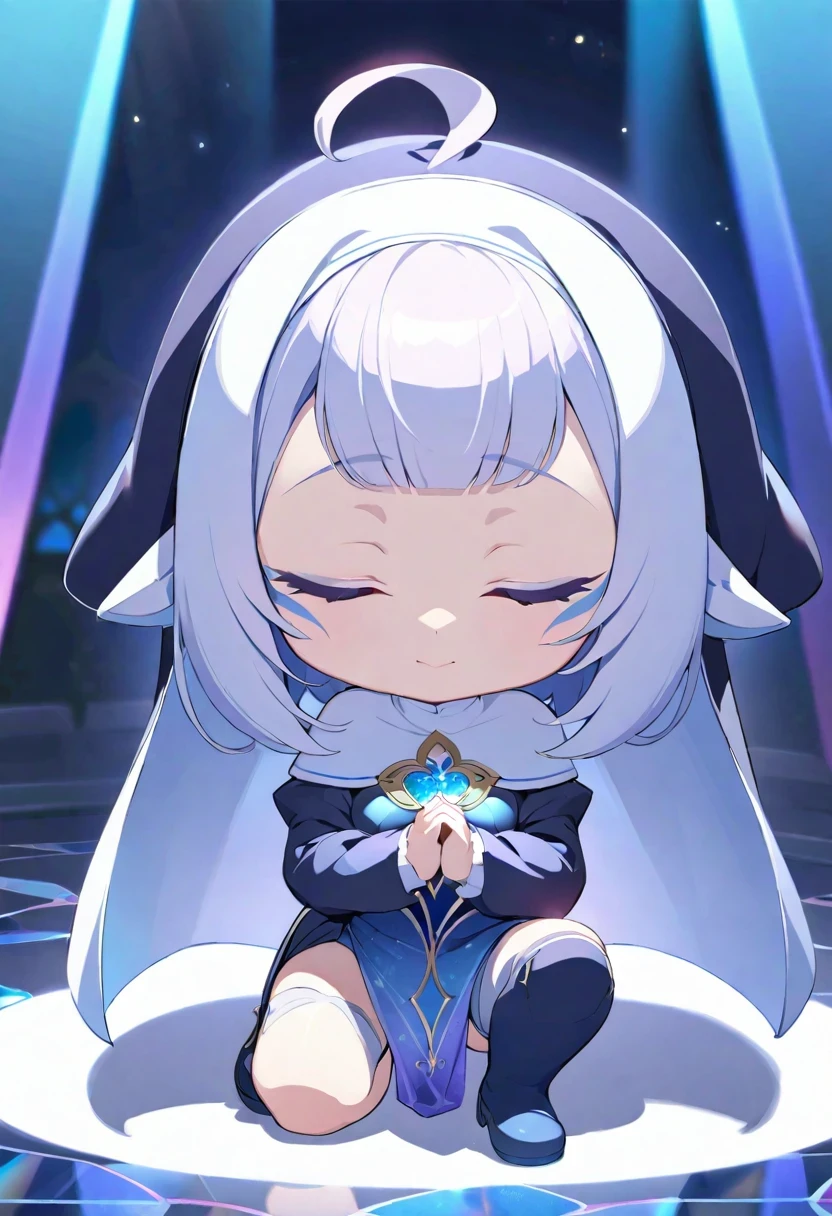 ((shylily/(Twich/))),(masterpiece:1.2),(best quality:1.2),, (1girl:1.3),masutepiece, Best Quality, Extremely detailed, Anime, (one knee:1.5), girl with, Solo, Full body, own hands together, Ahoge, Closed eyes, (Nun costume), (nun veil), (Chibi Character), (Deformed), (Crepuscular rays:1.2), (brilliance:1.2), (iridescent:1.2), (stain glass:1.5)