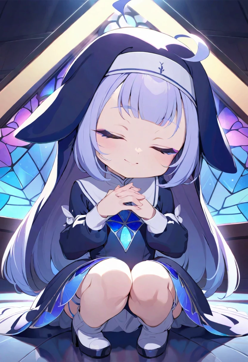 ((shylily/(Twich/))),(masterpiece:1.2),(best quality:1.2),, (1girl:1.3),masutepiece, Best Quality, Extremely detailed, Anime, (one knee:1.5), girl with, Solo, Full body, own hands together, Ahoge, Closed eyes, (Nun costume), (nun veil), (Chibi Character), (Deformed), (Crepuscular rays:1.2), (brilliance:1.2), (iridescent:1.2), (stain glass:1.5)
