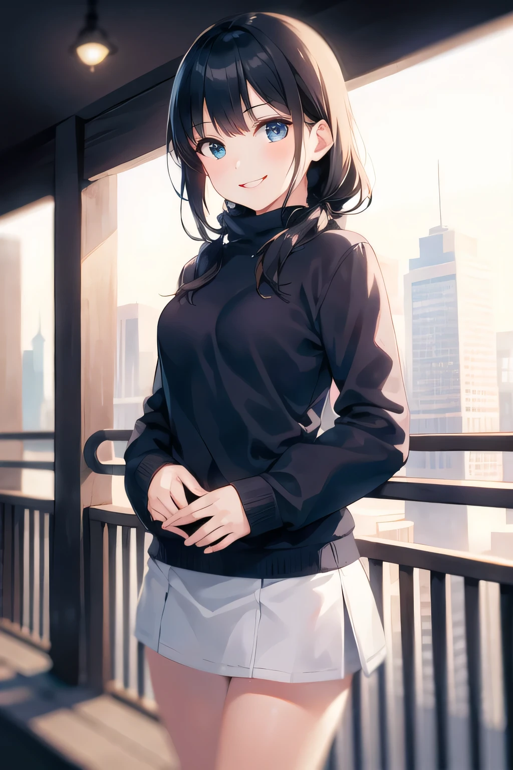 (morning), 1girl, solo, looking at viewer, winter, cowboy shot, (downtown), cowboy shot, smile, black hair