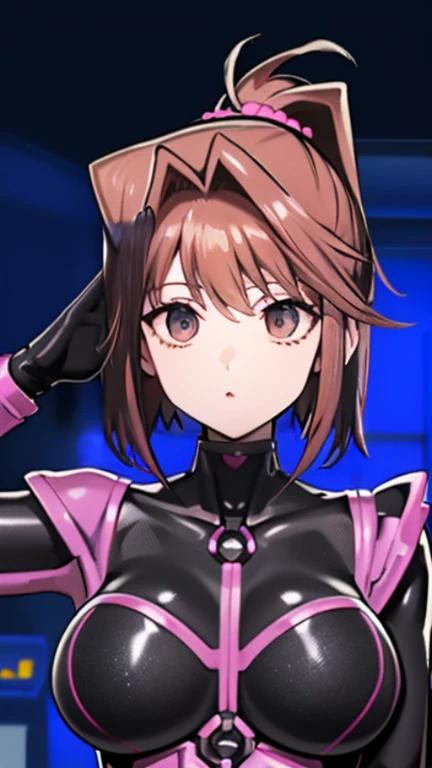 1 girl,Browsing Caution,  Kyoko Masaki,(Yu-Gi-Oh),Anzudef,short hair, brown hair, hair ornaments, high ponytail, ponytail,Huge breasts, clavicle, Glowing purple eyes,Absurd, brainwashing,Hollow Eyes, ((Expressionless,Emotional erasure)), (black latex tight bodysuit),avert your eyes , Full body portrait,((stand up, salute)), (highest quality、4K、8k、High resolution、must have:1.2)、Very detailed、(reality、reality的なです、reality的な:1.37)、Ticker、Hyper HD、Studio Lighting、Ultra-detailed Paint、Sharp focus、Physically Based Rendering、Extreme Detail、Professional specifications、vibrancy and color、Blurred、Sports portrait、landscape、horror style、anime big breasts、SF、photograph、Concept Artist、Five Fingers, Perfect body,  {{{masterpiece}}}, {{{highest quality}}}, {{Very detailed}}, {shape}, {{Very delicate and beautiful}},Improved cost performance、All Roles、Canon 5D MK4でphotograph、photograph, 