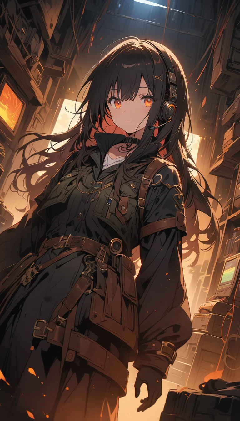 (highest quality、masterpiece、High resolution、detailed)Anime Style、flat style、(Shining Eyes、detailed美しい顔), anime style, super fine illustration, highly detailed, dynamic angle, beautiful detailed, 8k, In the darkness of the night, a room filled with the ambiance of steampunk. BREAK A female soldier, dressed in military attire, sits amidst the surroundings. BREAK She wears a headset with a microphone, amidst the clutter of numerous wireless devices.