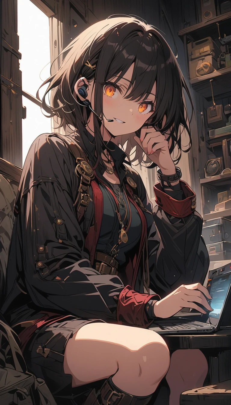 (highest quality、masterpiece、High resolution、detailed)Anime Style、flat style、(Shining Eyes、detailed美しい顔), anime style, super fine illustration, highly detailed, dynamic angle, beautiful detailed, 8k, In the darkness of the night, a room filled with the ambiance of steampunk. BREAK A female soldier, dressed in military attire, sits amidst the surroundings. BREAK She wears a headset with a microphone, amidst the clutter of numerous wireless devices.