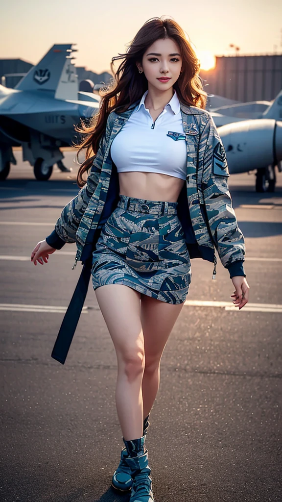 (highest quality, 8k, 32k, masterpiece, 超High resolution:1.2), (Realistic:1.5), (masterpiece, Highly detailed CG Unity 8k wallpaper, highest quality, High resolution:1.2), (Very detailed, 超High resolution:1.2), Photo of extremely cute and beautiful Japanese woman, (Long wavy chestnut hair:1.2), Adult, (Detailed beautiful girl:1.4), highest quality, woman, Adult, (Detailed US Air Force pilot blue camouflage uniform:1.5), (pilot captain jacket:1.3), (High waist pencil blue camouflage mini skirt:1.3), (Beautiful sunset、US Air Force Base runway scenery background:1.2), Black Bird、F-18、Laugh shyly:1, Looking at the audience, To the audience, ((完璧なwomanの身体)), (Tight waist:1.2), (Full body image from the knee up:1.3), thin, Abdominal muscles, (Beautiful breasts:1.25), Assembling the Head, Wind, Dynamic pose, Cinematic Light, Backlight, Quality clothing, Perfect Anatomy, perfect ratio, detailed human body, Stylish model in a sexy pose,Soft look、smile、Sexy slit thighs and beautiful legs、チラ見せAbdominal muscles、A glimpse of her without her underwear