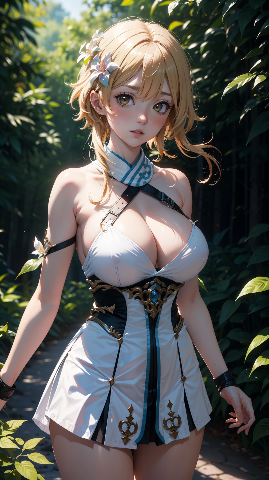 Masterpiece, high quality, blurry background, hd, 4k,dark forest,luminedef, (huge breasts), outdoors, standing, blush, looking at viewer, upper body, (dynamic poses, dynamic angle,