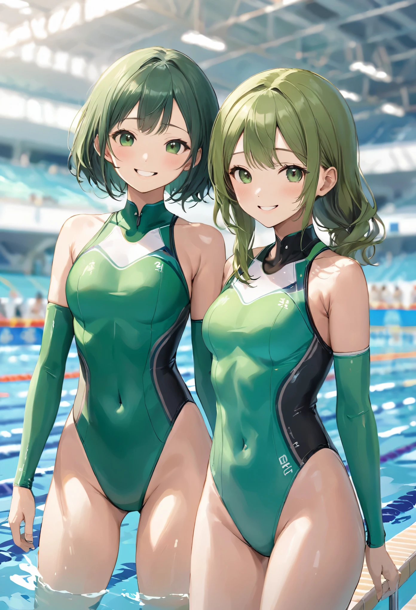 masterpiece、highest quality、High resolution、Two realistic girls、Competitive swimmer、Close-up of a person、Wearing a green bodysuit、During Competitive swimmerics competitions、smile、Swimming Venues、sexy competitive swimwear
