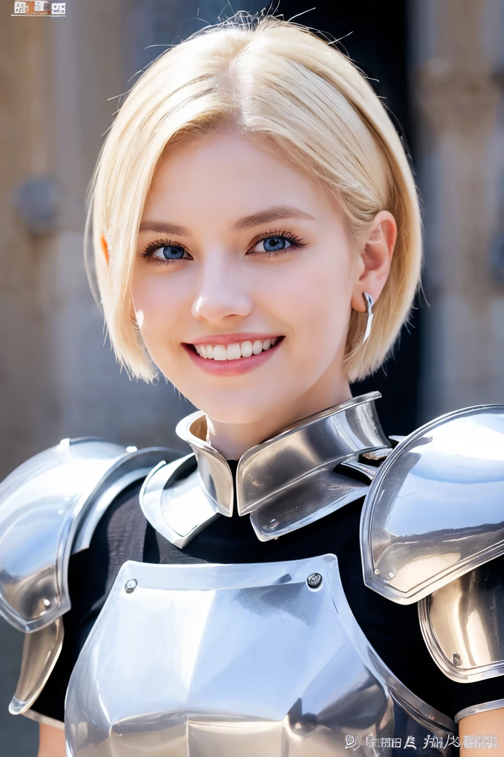 8K、highest quality、female knight、Luxurious Silver Armor、、hairstyle short cut、smile、Beautiful Teeth、Full body photo、ear piercing、blonde、White woman、blue eyes、Heavy makeup、The background is inside the castle