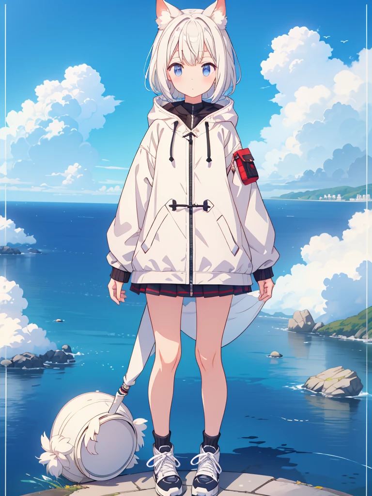 1girl、Jersey-style long parka、Rib knit cuffs and hem、vtuber-fullbody、Milky white short hair、