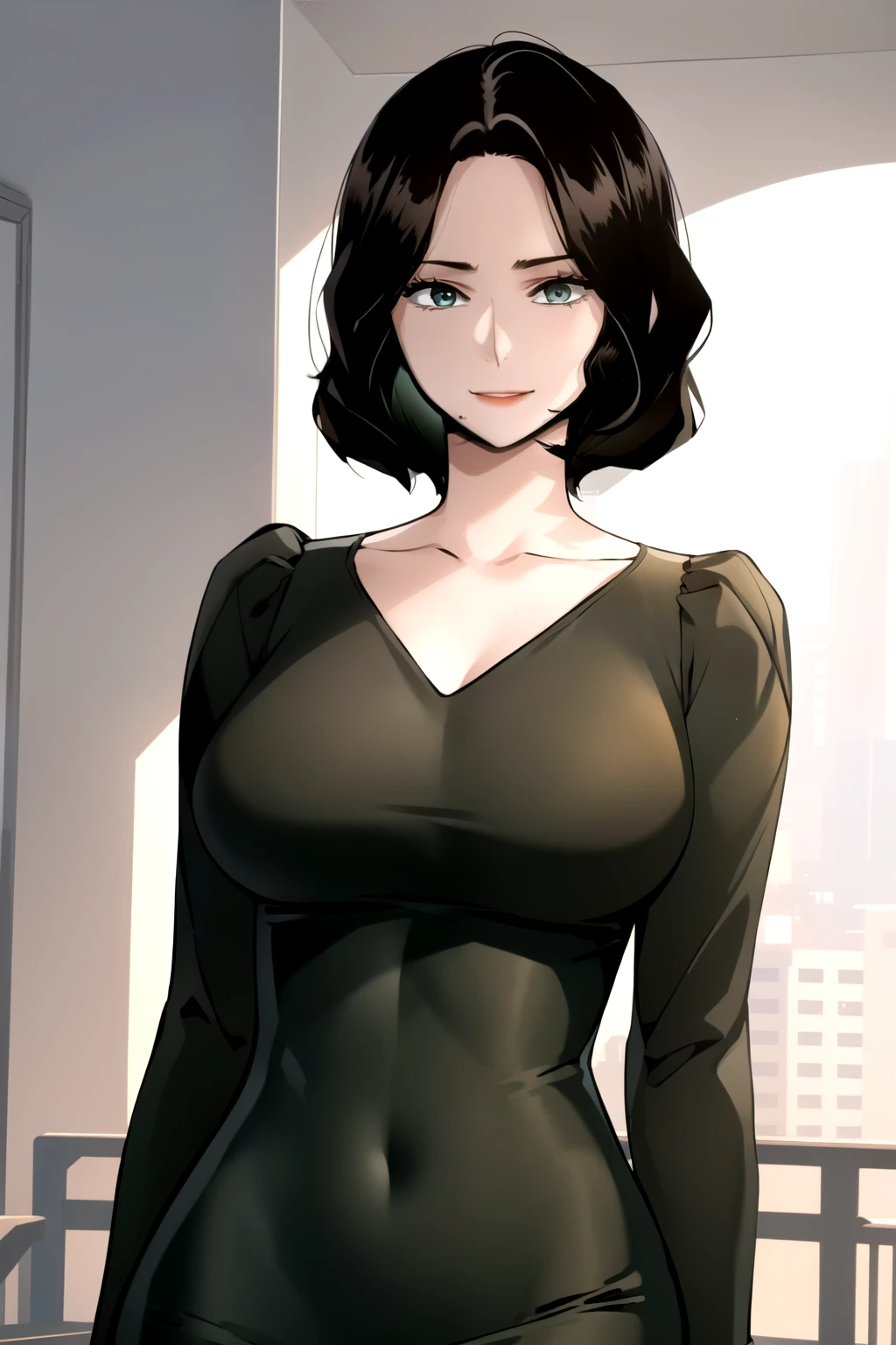 masterpiece, best quality, perfect anatomy, beautiful background, beautiful face, beautiful eyes, beautiful body, upper body, shinjiye, 1girl, solo, looking at viewer, smiling, short hair, large breasts, black hair, sitting, collarbone, upper body, mole, lips, tight dress, transparent dress, mole under mouth, green dress, deep neckline, Leaning with back against an invisible wall