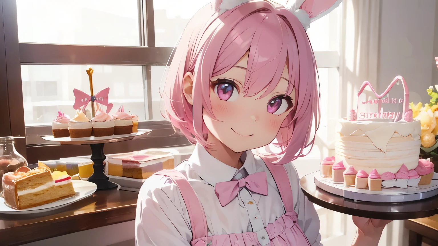 highest quality, pretty girl, pastel colour, Fluffy bunny ears, pink short bob,Pale pink eyes,birthday,celebration,cake,Home Party,smile