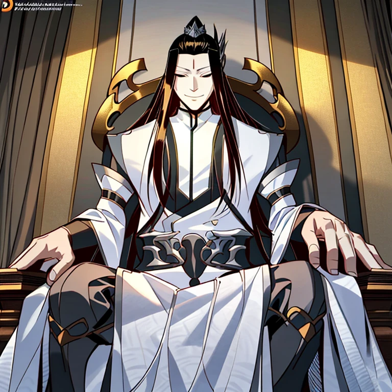 high quality, masterpiece,detailed, gu changge, chinese clothes, black eye,s hanfu male, menacing smile, sitting on throne, dynamic lighting, dark lighting