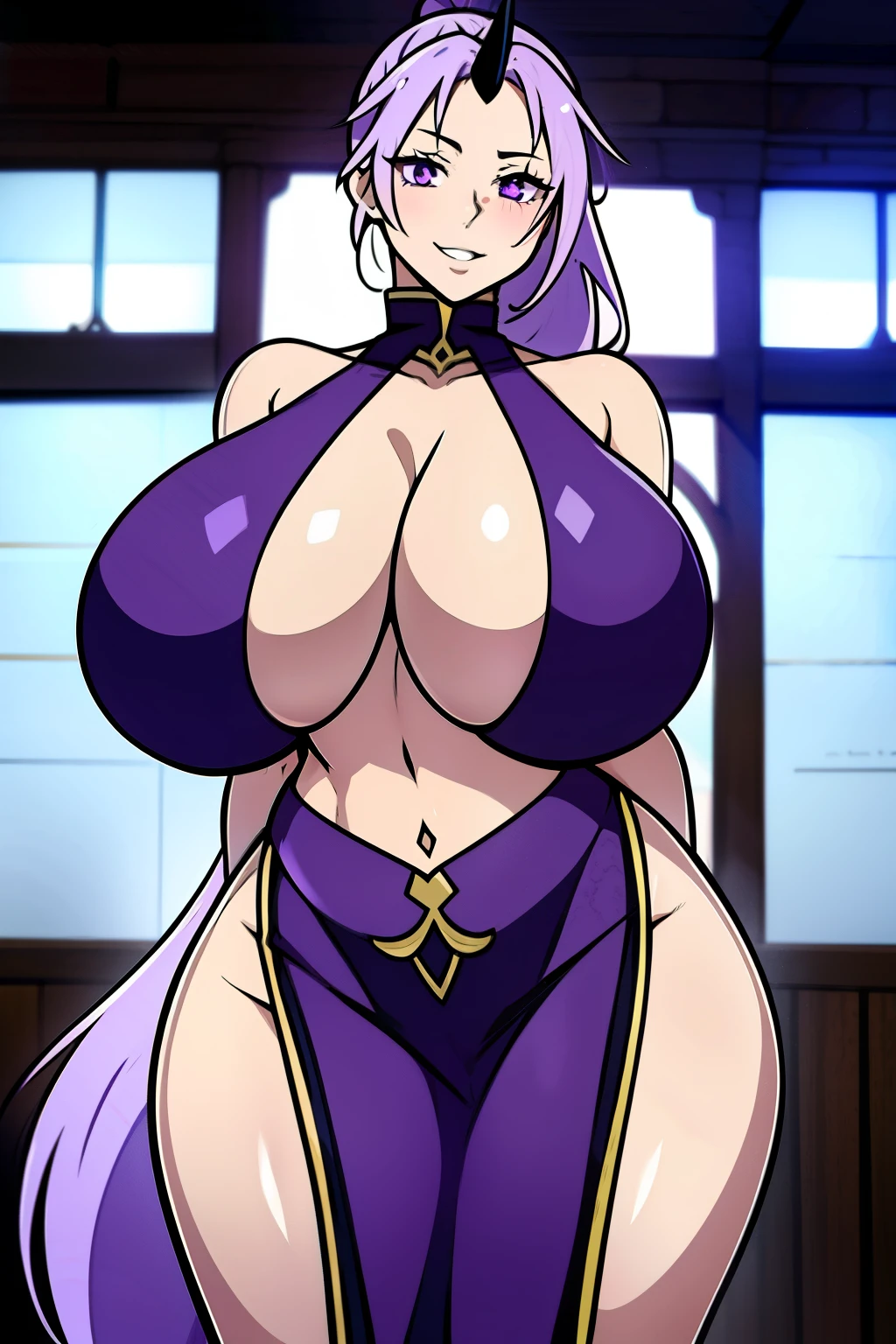 An anime-style artwork depicting shion from the anime tensei shittara slime datta.
Tags: shion, anime, detailed eyes, detailed lips, (arabian dancer outfit:1.4), turtleneck, cleavage, mini skirt, midriff, smiling expression, intense gaze, dynamic pose, indoor, palace, vibrant colors, digital art, high-resolution, professional quality, gigantic breasts, (underboob : 1.4), curvy, cowboy shot, (gigantic breasts: 1.4), shion, black horns, hair intakes, horns, long hair, oni, oni girl, oni horn, oni horns, ponytail, (purple eyes:1.1), purple hair, single horn, black horns, hair intakes, horns, long hair, oni, oni girl, oni horn, oni horns, ponytail, (purple eyes:1.1), purple hair, single horn,