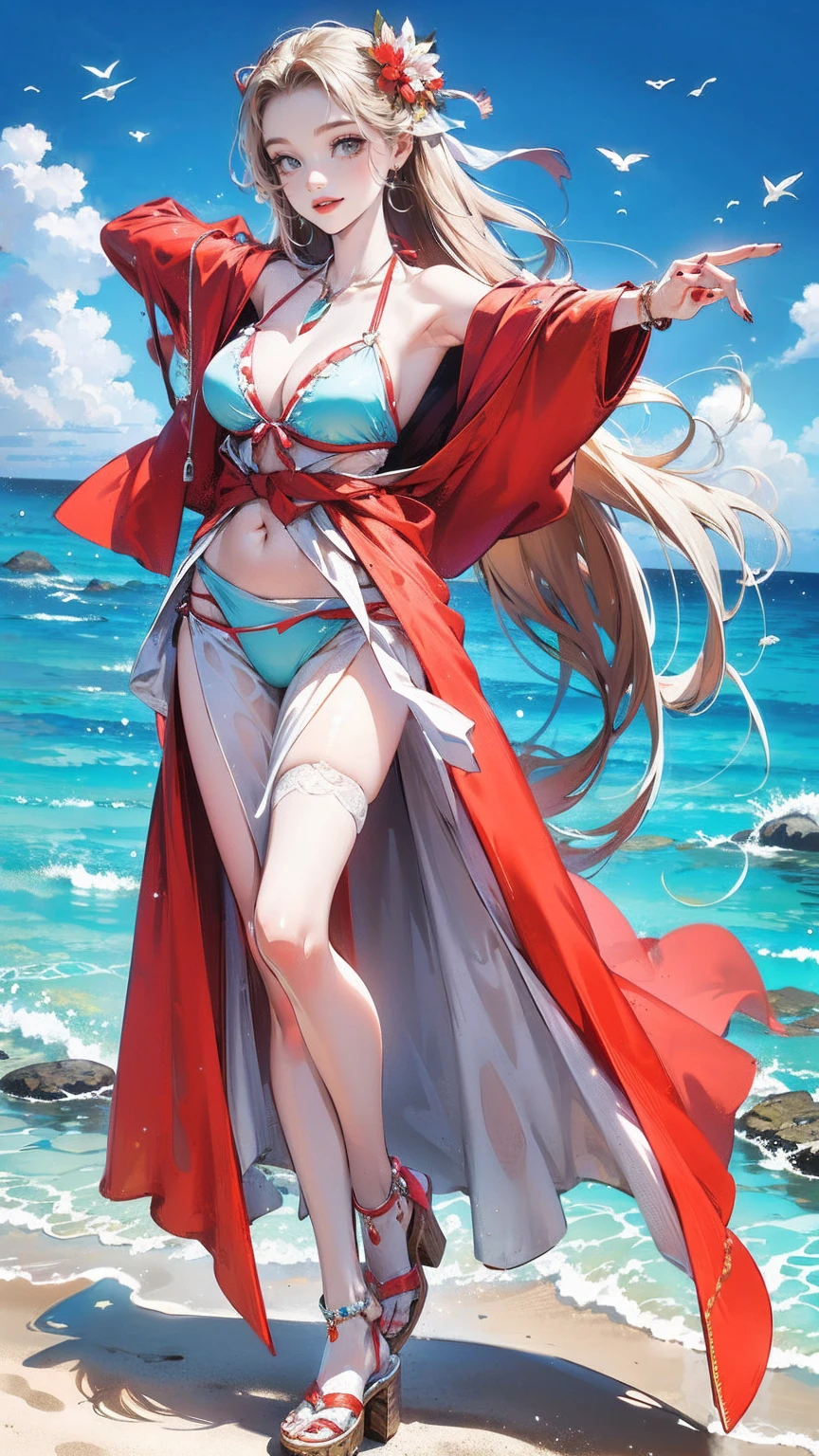 ((最high quality, 8K, masterpiece: 1.3, Ultra HD, high quality, 最high quality, High resolution, realism)) 、25-year-old Caucasian female、Platinum Blonde、blue eyes、long hair、smile、slender、A voluptuous, feminine body、I want my head to stay off screen、Wearing red nail polish、I have a peticure、High neck swimsuit((high neck swimwear))wear、Pareo((paleo))wrap around one's waist、wear sandals、I'm on the edge of a cliff by the sea where I can see the horizon.、the horizon expands、Open your arms、smile、Super High Leg