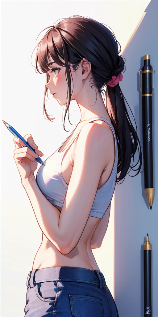 (ballpoint pen drawing),(scribbling:1.2),bold line, 1girl, from side,