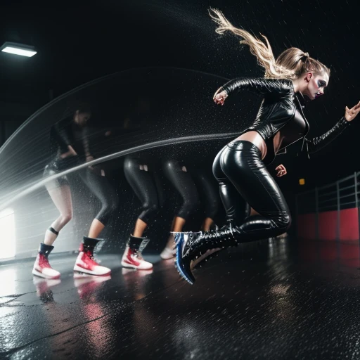 superhero landing, skidding, wet floor, 1girl, long hair, motion trail, MotionTrail, motion blur, sliding towards viewer, kicking up spray of water, black boots, one boot towards viewer, black leather jacket, Highly detailed, High Quality, Masterpiece, black leather pants