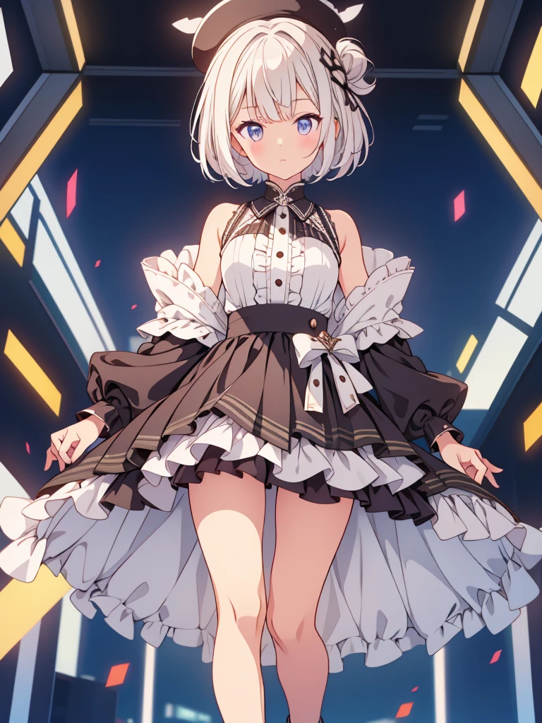 1girl、Black and white houndstooth dress、vtuber-fullbody、Milky white short hair、