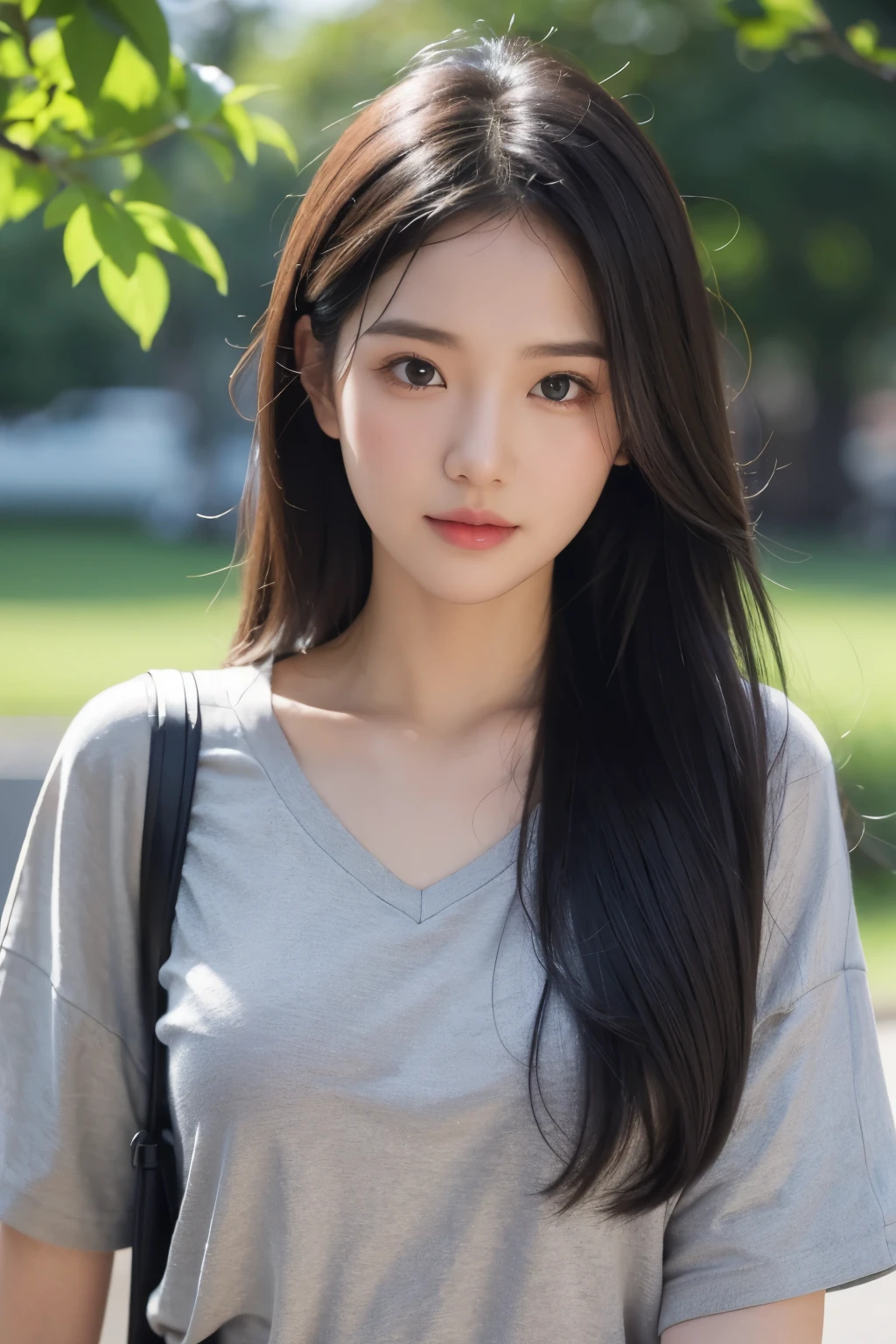 Sentada em um banco de parque com roupas curtas, a beautiful 23 year old Asian woman enjoys the breeze, while directing your serene and contemplative gaze directly at the camera