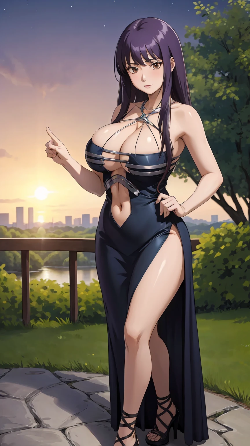 masterpiece, ultra high-quality, extremely detail 8k cg, high resolution, 1girl, yuugao, solo, purple hair, long hair, sidelocks, brown eyes, perfect eyes, thin body, huge breasts, bursting breasts, evening gown, halterneck, criss-cross halter, high heels, choker, beautiful face, outdoors, garden, night time, full shot photo, full body