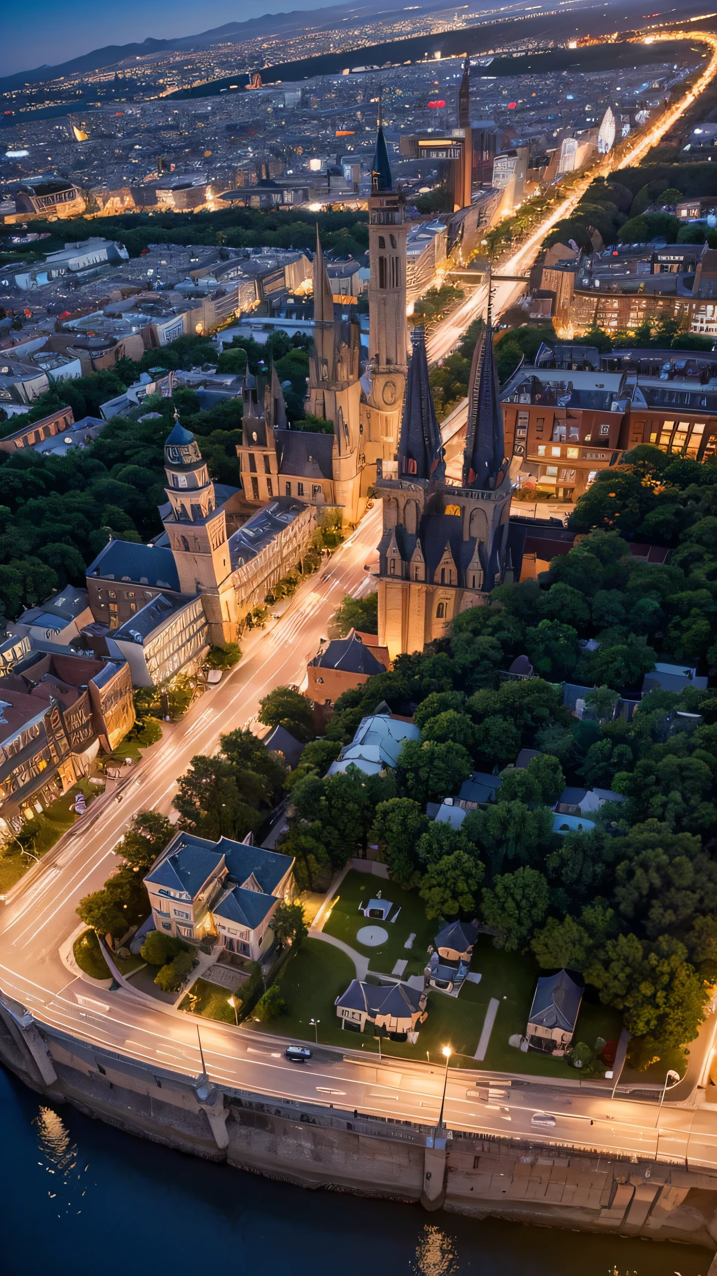 Highest quality,drone photography,Fantasy,Streetscape,Night view