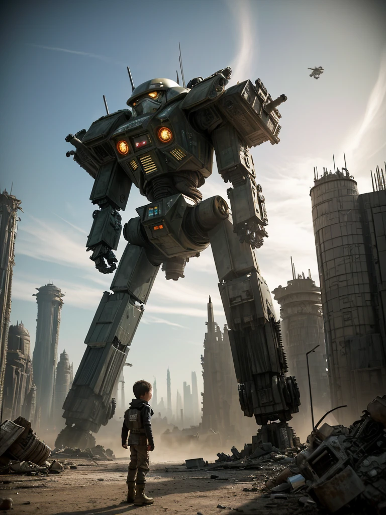 high resolution, Sharp focus, apocalyptic style,Wasteland style,After Star Wars,Earth's city ruins,17m Below the damaged humanoid mecha,A little boy looks up to the sky with hope,Flocks of spaceships loom in the sky