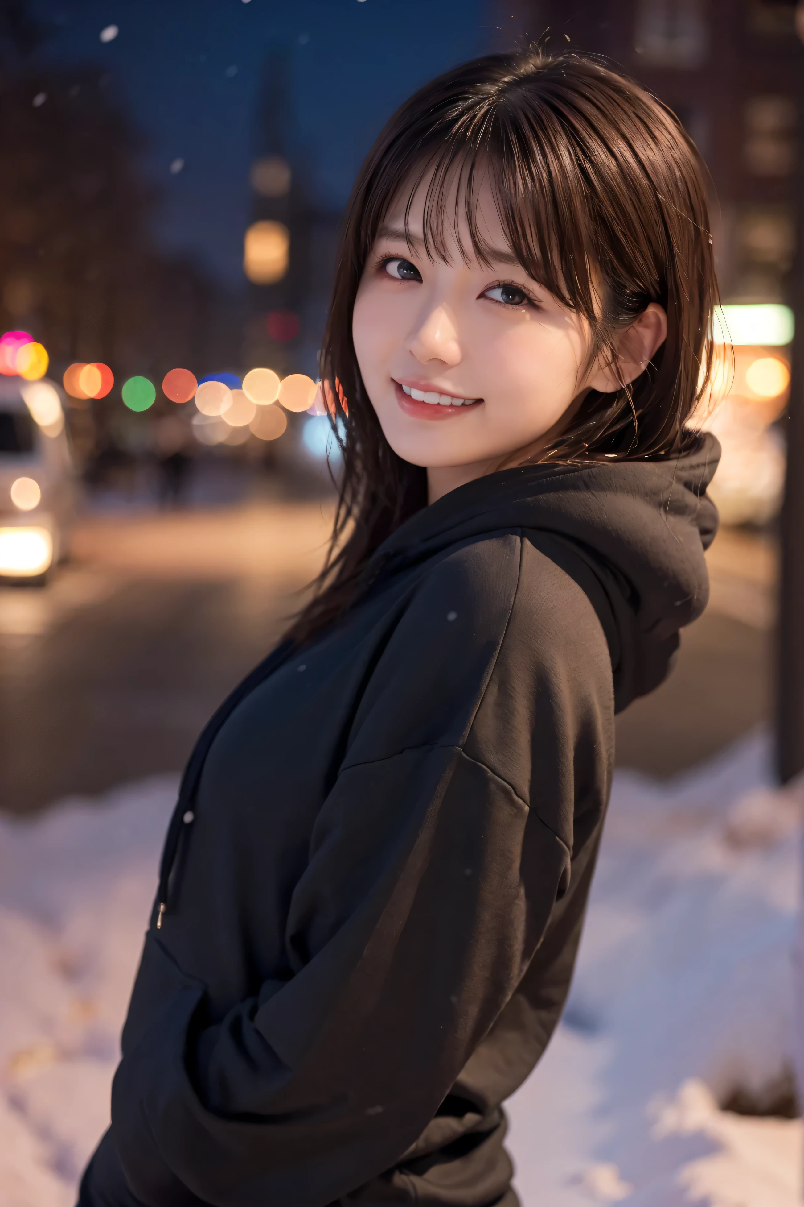 1 girl, (Wear a black hoodie:1.2), (RAW Photos, highest quality), (Realistic, Photorealistic:1.4), Tabletop, Very delicate and beautiful, Very detailed, 2k wallpaper, wonderful, finely, very detailed CG Unity 8k wallpaper, Very detailed, High resolution, Soft Light, Beautiful detailed girl, Very detailed目と顔, Beautiful and detailed nose, finely beautiful eyes, Cinema Lighting, Illuminations that light up the city on a snowy night, Snow Scene, that'it's snowing, snow fell in my hair, Perfect Anatomy, Slender body, Was nervous,
Straight semi-long hair, bangs, Looking at the audience, smile、fluffy muffler、