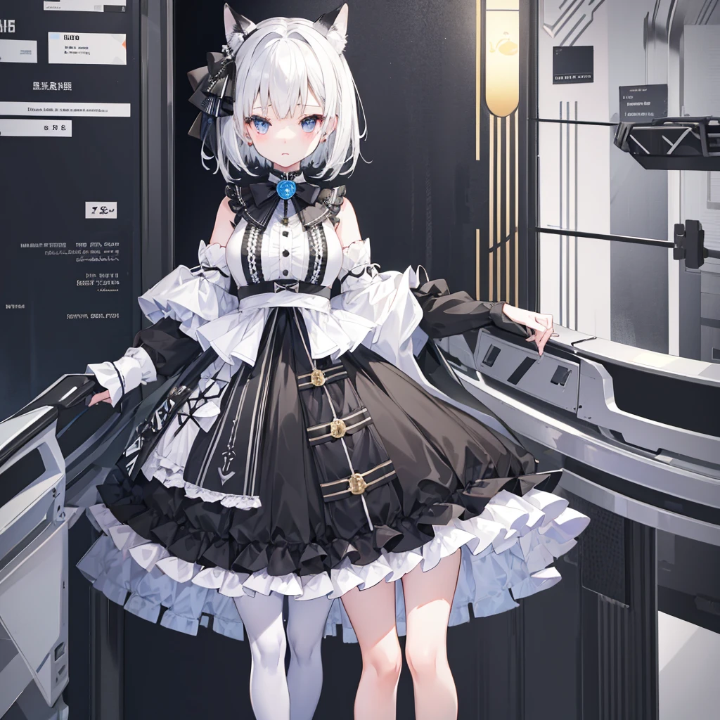 1girl、Black and white houndstooth dress、vtuber-fullbody、Milky white short hair、