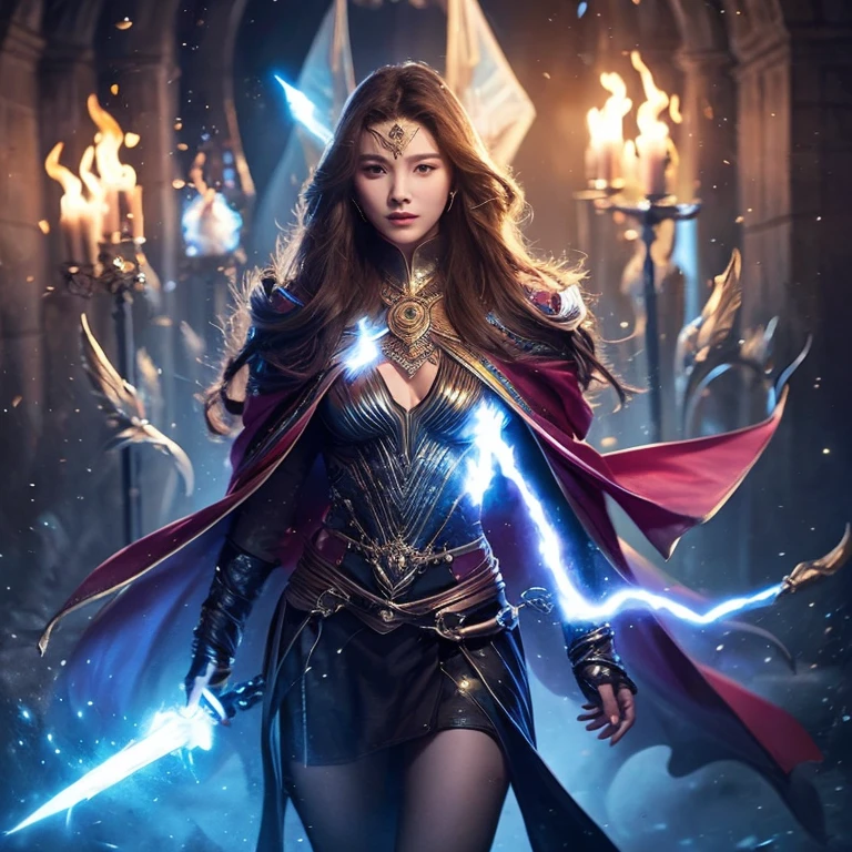 Fantasy、Young and beautiful woman、Grand Wizard、Wizard Outfit、wizard's wand、Revealing clothing、Power flows from the whole body、Aura is coming out from all over the body、
