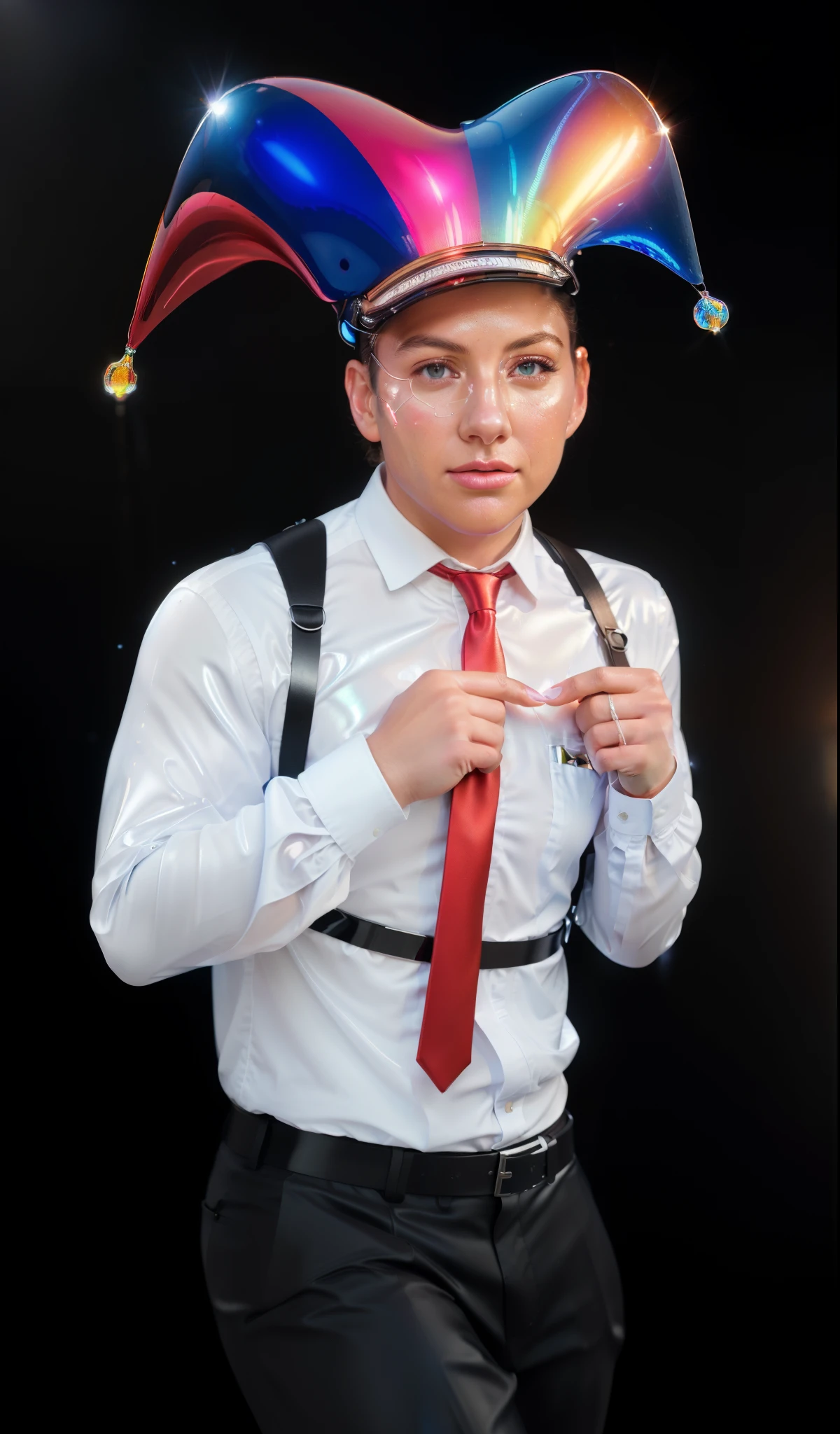 A man wearing a red tie, a bulletproof vest, and a police badge. glossy texture, smooth 3d model, multiple light sources, rim light, sharp post effects render, (glossy plastic texture with multiple big light probe refractions), perfect cgi, smooth silhouette, high intensity refraction, (super glossy material), most beautiful vfx, blue background, plastic refractions, realistic, 4k, high resolution, rim light, photo shoot, commercial photo, profile shot, 4k, rim light, high resolution, 4k, glossy texture, smooth 3d model, multiple light sources, rim light, sharp post effects render, (glossy metallic texture with multiple big light probe refractions), perfect cgi, cgi art created only with gradients, smooth silhouette, high intensity refraction, (super glossy chrome material), most beautiful vfx, blue background, chrome metal refractions, multiple light sources, rim light, sharp post effects render, perfect cgi, digital art, detailed digital art, reflective, best quality, 4k, masterpiece:1.2, ultra-detailed, realistic, vivid colors, dark and moody lighting, The image of the highest quality, ensuring every detail showcased perfectly. It in 4k resolution, allowing viewers to immerse themselves in the richness of the colors and intricate details. The realistic rendering. under the spotlight, reflecting, high-resolution image, realistic rendering, dark background, and rim light photorealistic