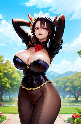 (masterpiece, highest quality:1.2), Cowboy Shot, alone, One girl, Black Worm, Maid, Captivating smile, View your viewers, Put your arms behind your head, Braided Ponytail, Maid headdress, Frills, Bodysuits, pantyhose, Huge Breasts