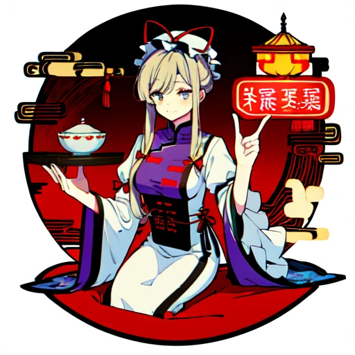 peace table, The finer details, 4K, 8k, 12k, one personで, one person, beautiful girl, White woman, Yukari Yakumo of the Touhou Project、Huge breasts、(Hair length)、chinese clothes, China dress, Chinatown