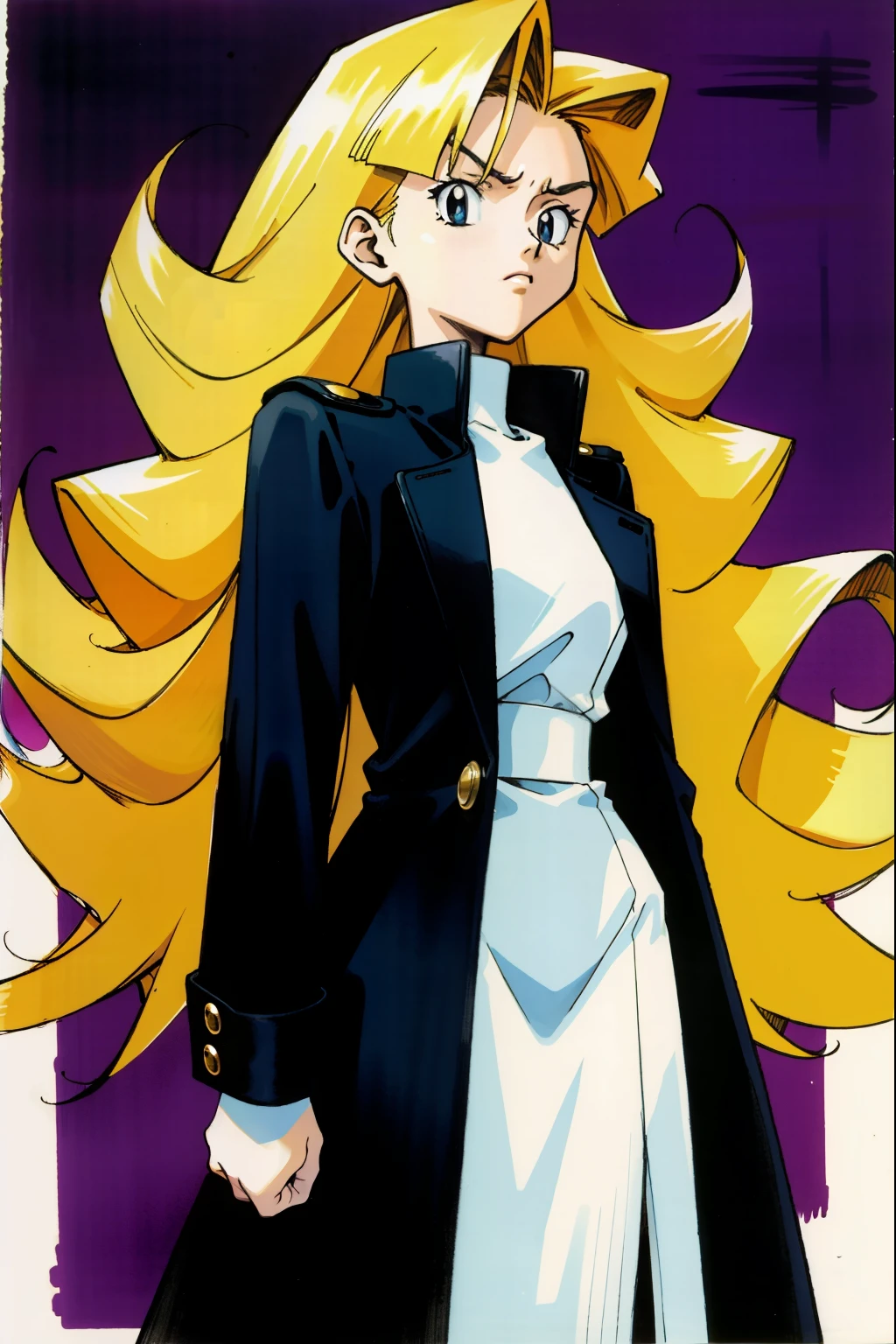 by Ken Sugimori, sugimori 1990s, ((only 1woman)), 1 woman, Long navy trenchcoat, scowling, gold euplets ((hands behind their back)), full black pupils, manga, best quality, highly detailed, clean lines, cowboy shot, good hands, good eyes, hd, 8k, professional, symmetrical, hires, 8k,
