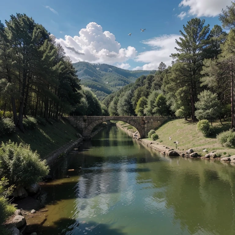 ((masterpiece)),((Best quality)),((High detail)),((realistic,)) ((ultra detailed)) landscape of a small medieval town, , bird's eye view, beautiful sky, cumulus clouds, 1.3:pine trees, towers, River