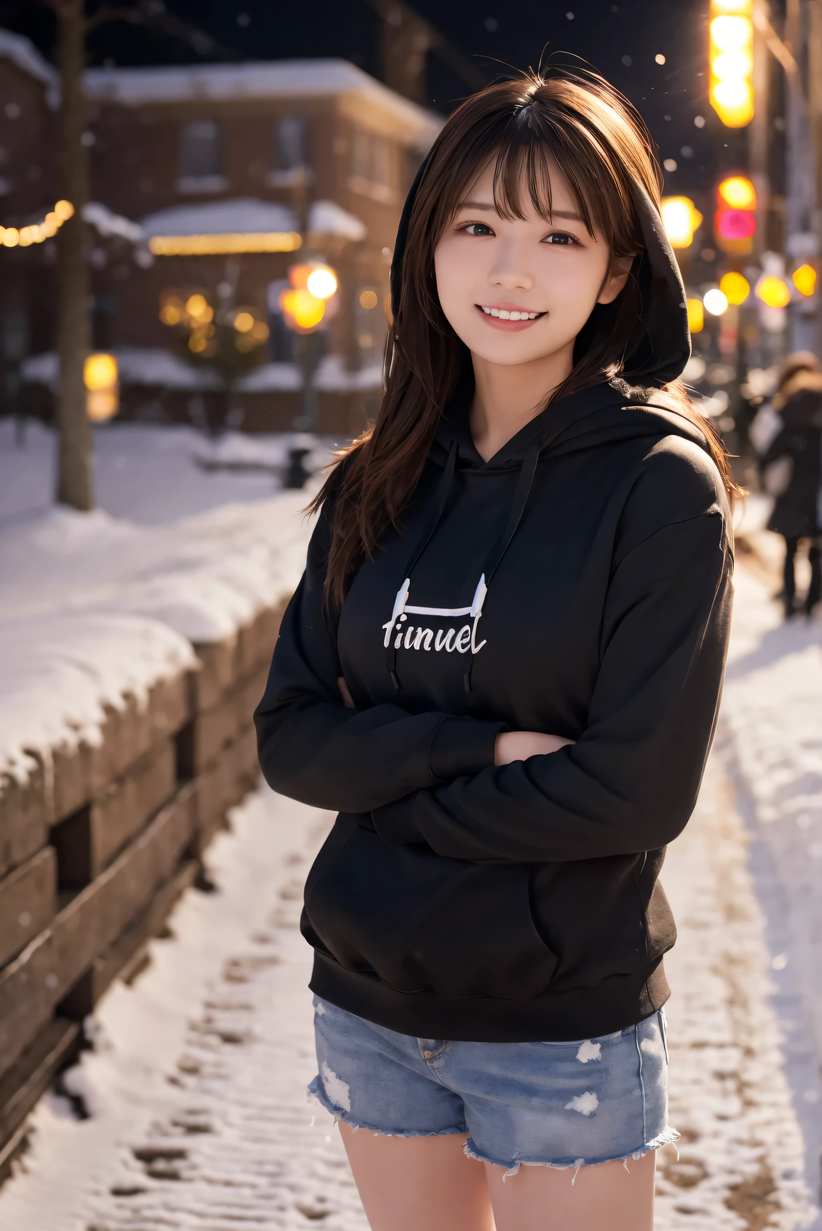 1 girl, (Wear a black hoodie:1.2), (RAW Photos, highest quality), (Realistic, Photorealistic:1.4), Tabletop, Very delicate and beautiful, Very detailed, 2k wallpaper, wonderful, finely, very detailed CG Unity 8k wallpaper, Very detailed, High resolution, Soft Light, Beautiful detailed girl, Very detailed目と顔, Beautiful and detailed nose, finely beautiful eyes, Cinema Lighting, Illuminations that light up the city on a snowy night, Snow Scene, that'it's snowing, snow fell in my hair, Perfect Anatomy, Slender body, Was nervous,
Straight semi-long hair, bangs, Looking at the audience, smile、fluffy muffler、