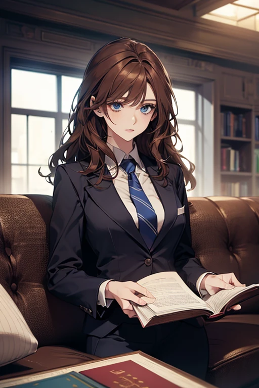 (Confused, High resolution, Very detailed), 1 female, Adult,beautiful, Bright Blue Eyes, brown hair, Wavy medium hair,suit,tie,secretary,Adult woman,30th generation,quiet,thin,pale,thin,suit,Reading a book on the couch,