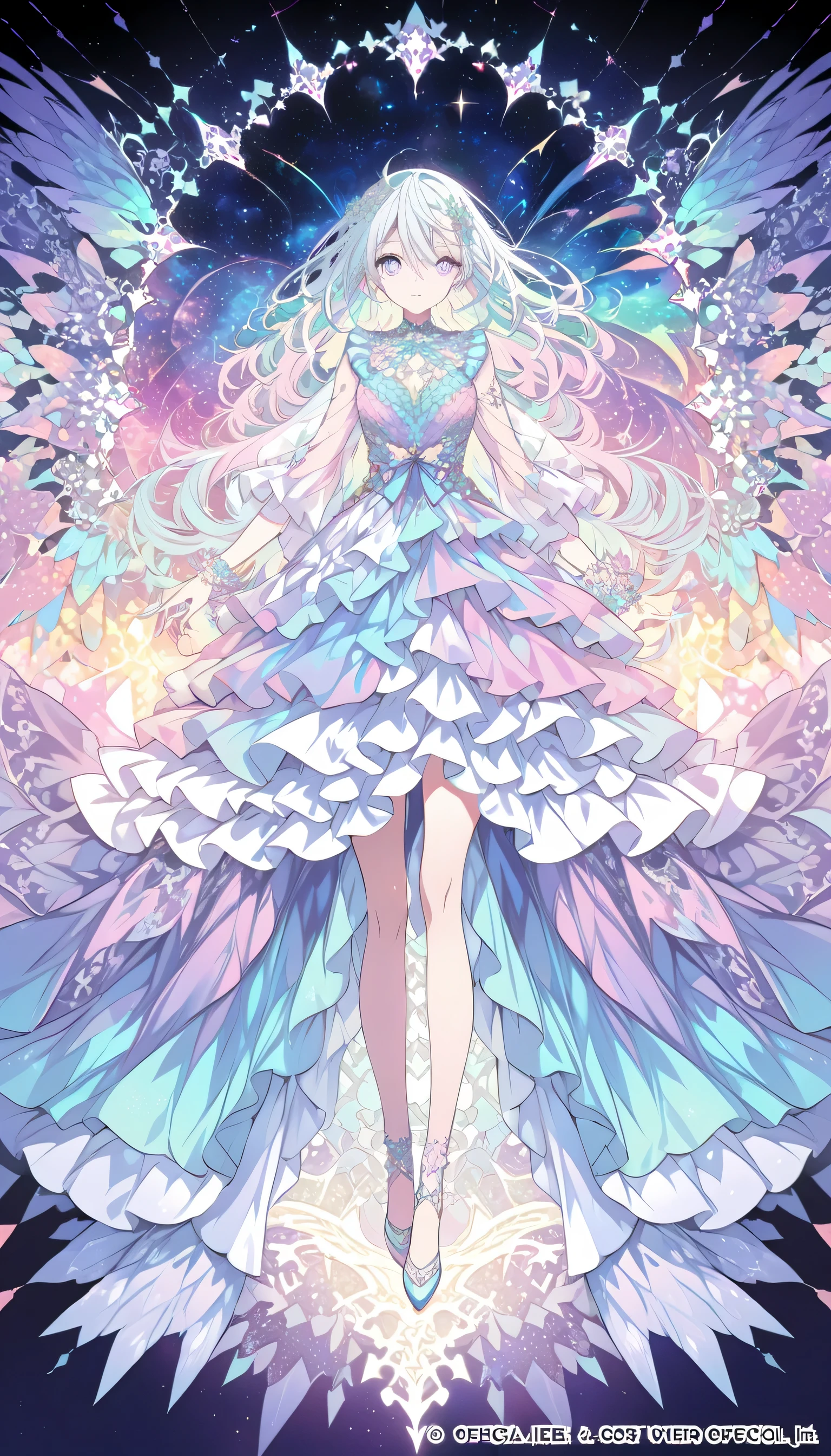 (Absurd、High resolution、Super detailed)、One girl、Highly detailed eyes、(Official Art, beauty and aesthetics: 1.2)、(Fractal Art: 1.3)、Pastel color scheme、Most detailed、Chiffon frill flare dress、