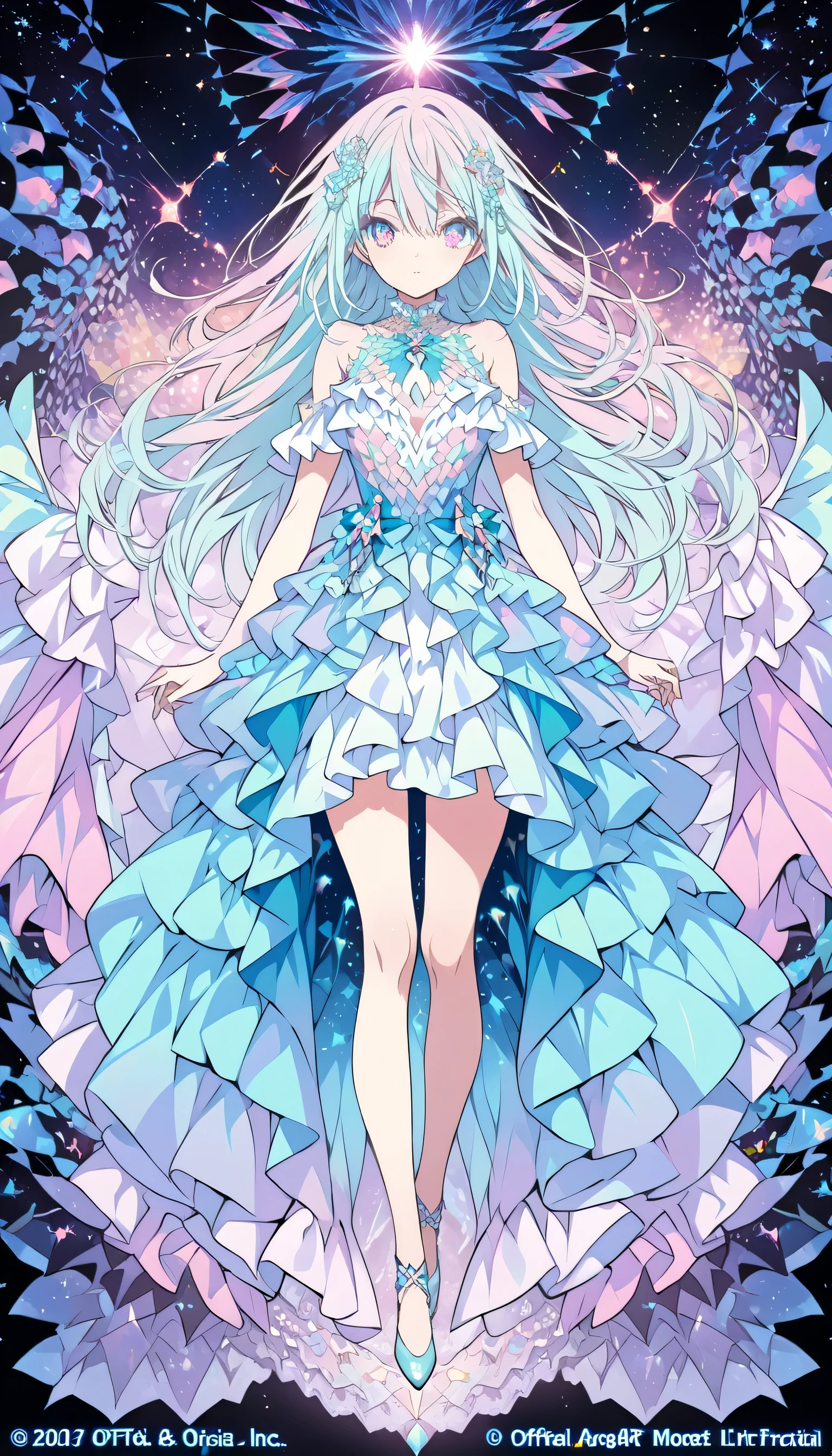 (Absurd、High resolution、Super detailed)、One girl、Highly detailed eyes、(Official Art, beauty and aesthetics: 1.2)、(Fractal Art: 1.3)、Pastel color scheme、Most detailed、Chiffon frill flare dress、
