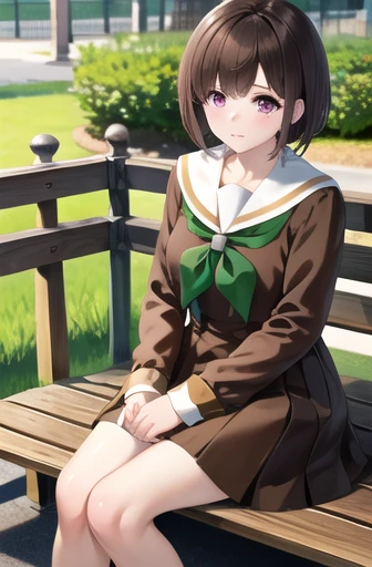 masterpiece, highest quality, High resolution, One girl, alone, brown hair, short hair, Purple eyes, Mole under the eye, , Brown shirt, White sailor collar, green neckerchief, Long sleeve, Brown Skirt, Sitting, bench, Outdoor,