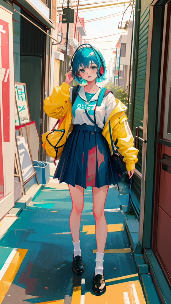 (masterpiece), (highest quality:1.4), (Ultra-high resolution:1.2),  Highly detailed background, (unity 8k wallpaper), Cute high school girl wearing headphones walking through the streets of Tokyo。Illustrations inspired by city pop culture、uniform、Wear loose socks for a stylish and nostalgic look、Display one subject without splitting the screen